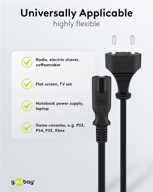 60x Goobay 59567 Anschlusskabel mit Eurostecker, 1,3 m, schwarz, (2*0,75 mm²), 1.3 m - Eurostecker (Typ C, CEE 7/16) > Gerätebuchse C7