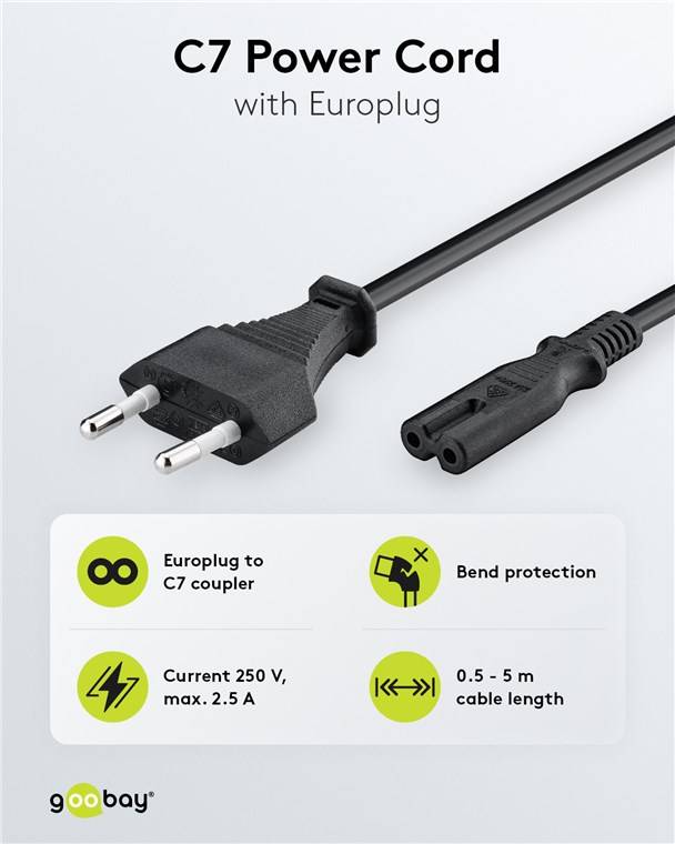 30x Goobay 95039 Anschlusskabel mit Eurostecker, 5 m, schwarz, (2*0,75 mm²), 5 m - Eurostecker (Typ C, CEE 7/16) > Gerätebuchse C7