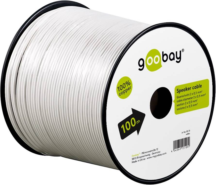 4x Goobay 15101 Lautsprecherkabel weiß, 100 m - 100 m Spule, Querschnitt 2 x 0,5 mm², CU