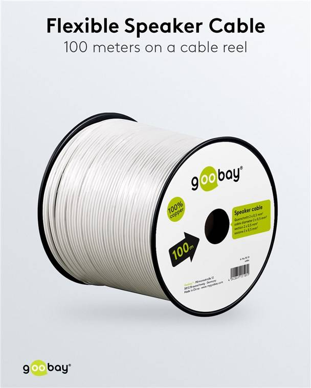 4x Goobay 15101 Lautsprecherkabel weiß, 100 m - 100 m Spule, Querschnitt 2 x 0,5 mm², CU