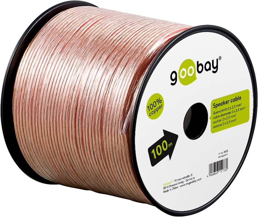 1x Goobay 15133 Lautsprecherkabel transparent, 100 m - 100 m Spule, Querschnitt 2 x 2,5 mm², CU