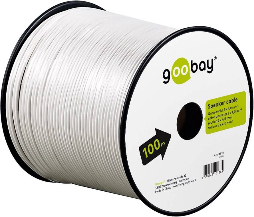 2x Goobay 15138 Lautsprecherkabel weiß, 100 m - 100 m Spule, Querschnitt 2 x 4,0 mm², CCA