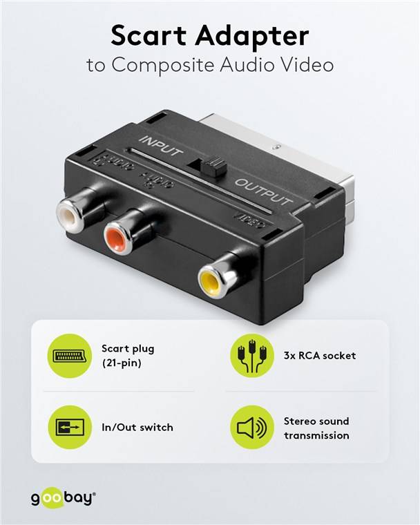 10x Goobay 50122 Scart zu Composite Audio Video Adapter, IN/OUT, Scart-Stecker (21-Pin), Schwarz - Scart-Stecker (21-Pin) > 3x Cinch-Buchse