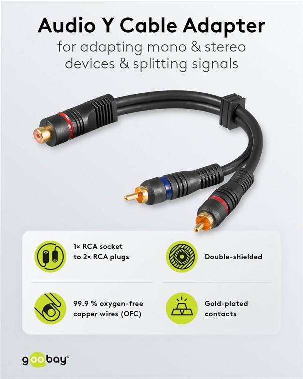 170x Goobay 50375 Audio Y-Kabeladapter, 2x Cinch-Stecker zu 1x Stereo-Cinch-Buchse, OFC, zweifach geschirmt, 0.2 m, Schwarz - Cinch-Buchse > 2x
