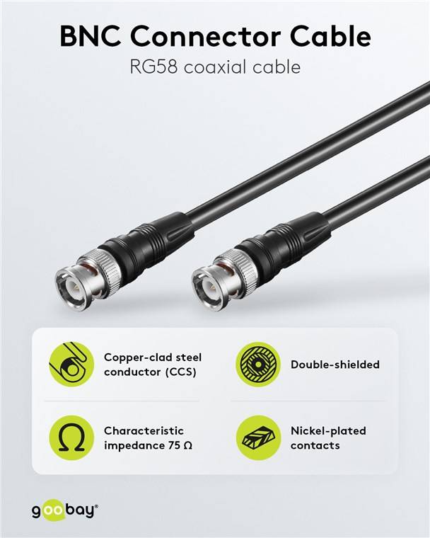 120x Goobay 50413 Video-Verbindungskabel BNC (RG59), zweifach geschirmt, 0.5 m - BNC-Stecker > BNC-Stecker