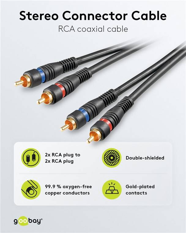 170x Goobay 50433 Stereo-Verbindungskabel 2x Cinch, zweifach geschirmt, 0.2 m, Schwarz - 2x Cinch-Stecker > 2x Cinch-Stecker