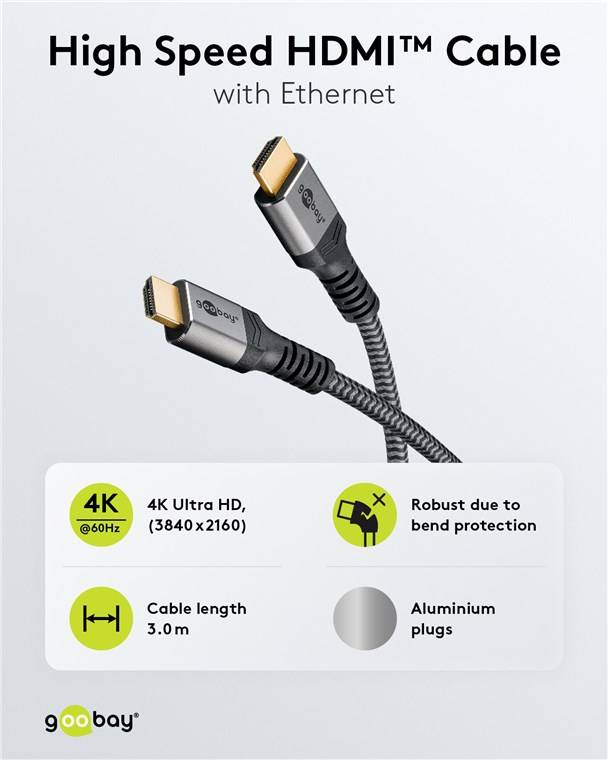 40x Goobay 64995 Plus Series High-Speed-HDMI™-Kabel mit Ethernet, 3 m, schwarz-Silber - 4K/60Hz