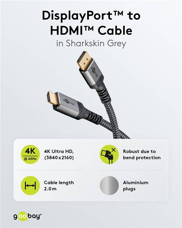 36x Goobay 65269 Plus Series DisplayPort™-auf-HDMI™-Kabel, 2 m, schwarz-Silber - 4K/60Hz