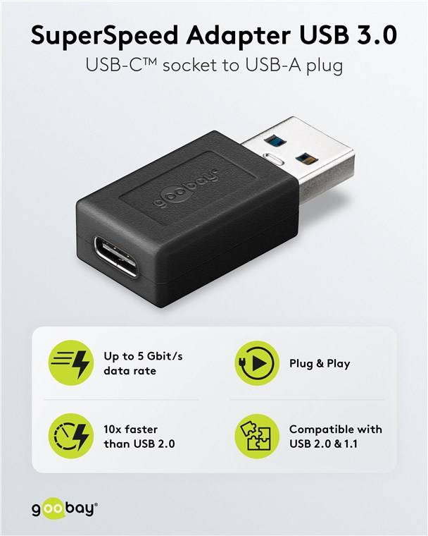 200x Goobay 45400 USB 3.0 SuperSpeed-Adapter USB-A auf USB-C™, schwarz - USB-C™-Buchse > USB-3.0-Stecker (Typ A)
