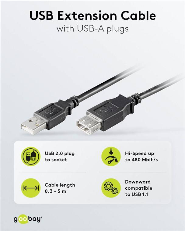 200x Goobay 68622 USB 2.0 Hi-Speed-Verlängerungskabel, schwarz, 0.3 m - USB-2.0-Stecker (Typ A) > USB-2.0-Buchse (Typ A)