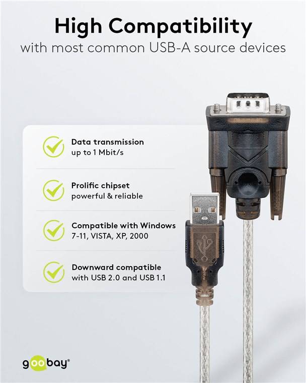 20x Goobay 68875 USB-auf-seriell-Adapter, transparent, 1.5 m - USB-2.0-Stecker (Typ A) > D-SUB/RS-232-Stecker (9-polig)