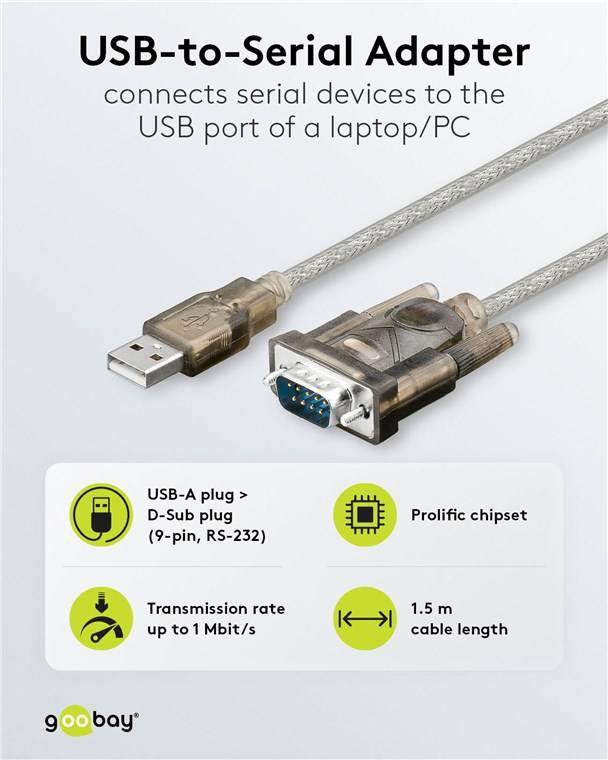20x Goobay 68875 USB-auf-seriell-Adapter, transparent, 1.5 m - USB-2.0-Stecker (Typ A) > D-SUB/RS-232-Stecker (9-polig)