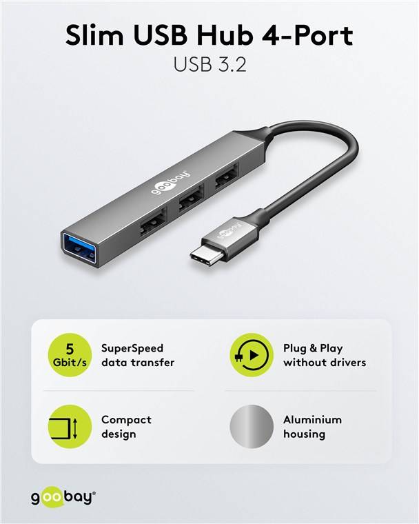 50x Goobay 74457 Slim 4-Port USB-Hub, USB-C™ auf USB-A, 5 Gbit/s, hellgrau, 0.1 m - USB-C™-Stecker (USB 3.2) > 1x USB-A-Buchse (USB 3.2), 3x USB-A
