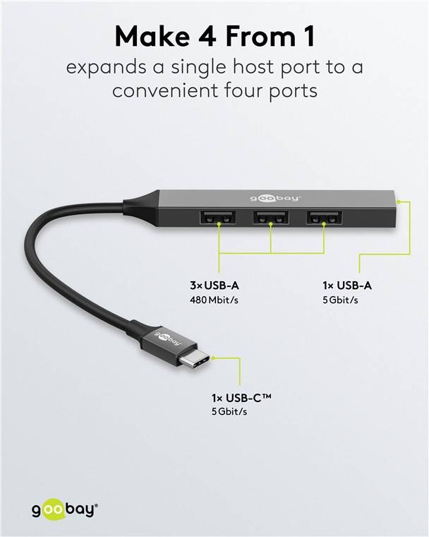 50x Goobay 74457 Slim 4-Port USB-Hub, USB-C™ auf USB-A, 5 Gbit/s, hellgrau, 0.1 m - USB-C™-Stecker (USB 3.2) > 1x USB-A-Buchse (USB 3.2), 3x USB-A