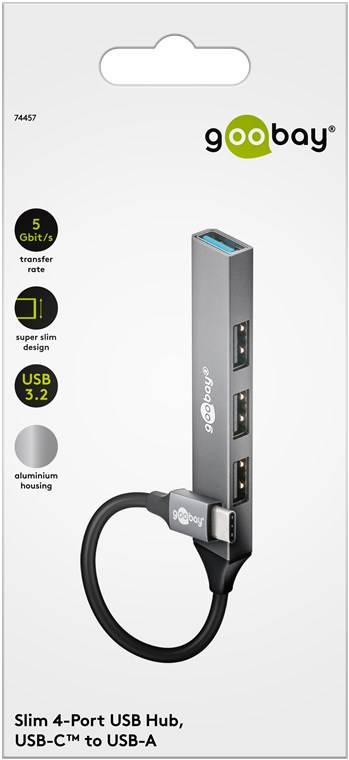 50x Goobay 74457 Slim 4-Port USB-Hub, USB-C™ auf USB-A, 5 Gbit/s, hellgrau, 0.1 m - USB-C™-Stecker (USB 3.2) > 1x USB-A-Buchse (USB 3.2), 3x USB-A