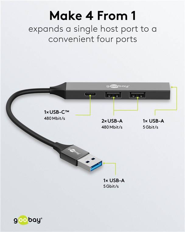 50x Goobay 74458 Slim 4-Port USB-Hub, USB-A auf USB-C™/USB-A, 5 Gbit/s, hellgrau, 0.1 m - USB-A-Stecker (USB 3.2) > 1x USB-A-Buchse (USB 3.2), 1x US