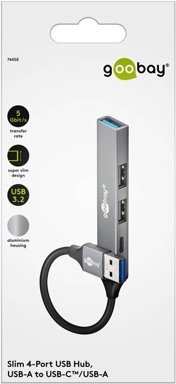50x Goobay 74458 Slim 4-Port USB-Hub, USB-A auf USB-C™/USB-A, 5 Gbit/s, hellgrau, 0.1 m - USB-A-Stecker (USB 3.2) > 1x USB-A-Buchse (USB 3.2), 1x US