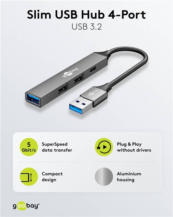 50x Goobay 74458 Slim 4-Port USB-Hub, USB-A auf USB-C™/USB-A, 5 Gbit/s, hellgrau, 0.1 m - USB-A-Stecker (USB 3.2) > 1x USB-A-Buchse (USB 3.2), 1x US