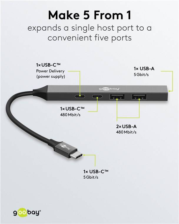 50x Goobay 74460 Slim 5-Port USB-Hub, USB-C™ auf USB-C™/USB-A, 5 Gbit/s, hellgrau, 0.1 m - USB-C™-Stecker (USB 3.2) > 1x USB-C™-Buchse (USB 2.