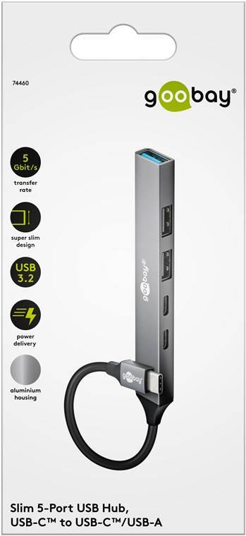 50x Goobay 74460 Slim 5-Port USB-Hub, USB-C™ auf USB-C™/USB-A, 5 Gbit/s, hellgrau, 0.1 m - USB-C™-Stecker (USB 3.2) > 1x USB-C™-Buchse (USB 2.
