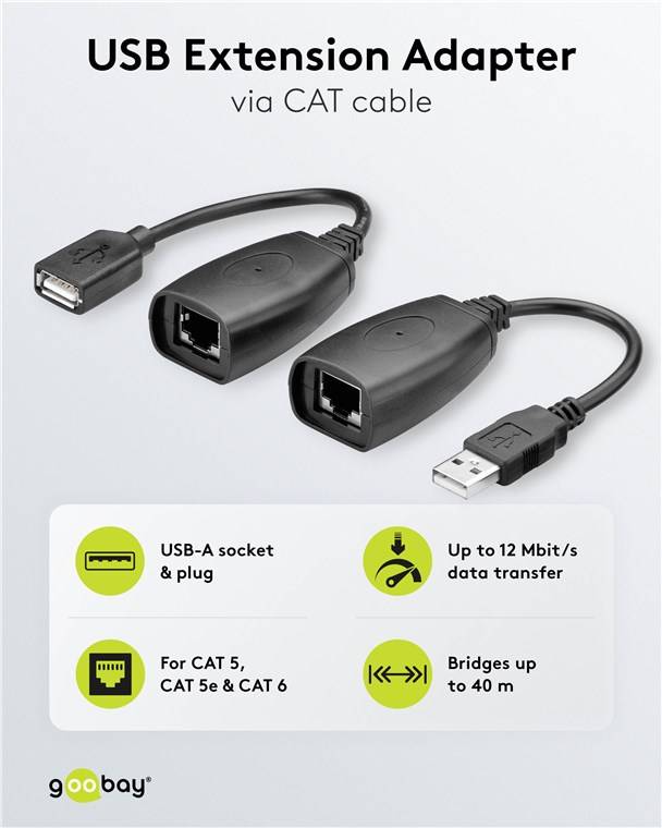 40x Goobay 93321 USB-Verlängerungsadapter bis 40 m über CAT-Kabel - USB-1.1-Stecker (Typ A) > USB-1.1-Buchse (Typ A)