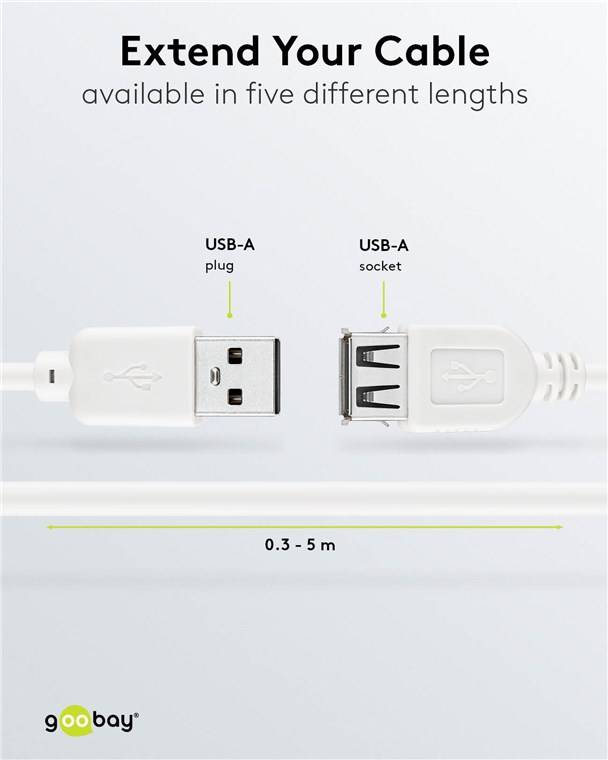 200x Goobay 96196 USB 2.0 Hi-Speed-Verlängerungskabel, weiß, 0.3 m - USB-2.0-Stecker (Typ A) > USB-2.0-Buchse (Typ A)