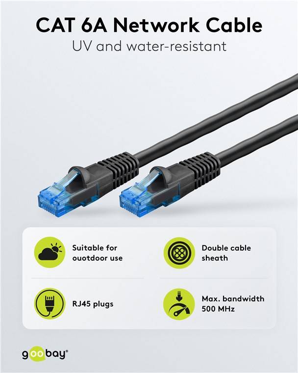 12x Goobay 55434 CAT 6A/6A Outdoor-Patchkabel, U/UTP, schwarz, 20 m - Kupferleiter (CU), 2-fach Außenmantel (PE)