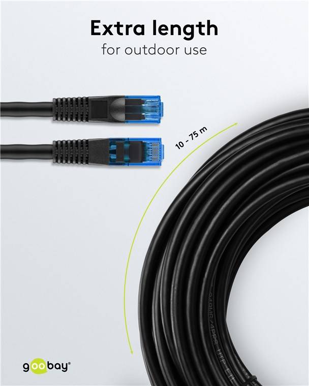 12x Goobay 55434 CAT 6A/6A Outdoor-Patchkabel, U/UTP, schwarz, 20 m - Kupferleiter (CU), 2-fach Außenmantel (PE)