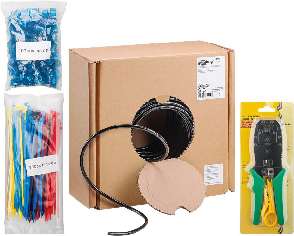 2x Goobay 55440 CAT 6A Outdoor Netzwerkkabel-Set, U/UTP, schwarz, 100 m - Kupferleiter (CU), AWG 24/1 (solid), 2-fach Außenmantel (PE)