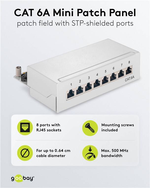 20x Goobay 62063 CAT 6a Mini Desktop-Patchpanel, 8 Port, (1 HE), Grau - STP geschirmt, grau