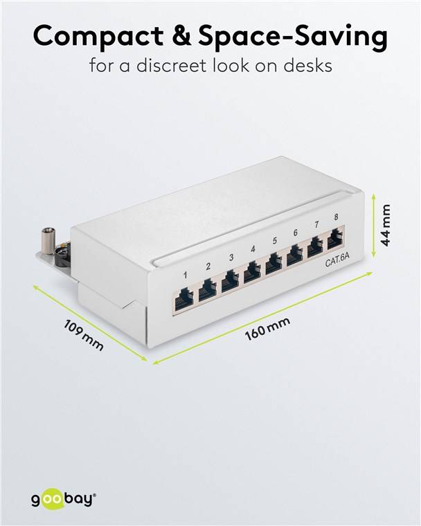 20x Goobay 62063 CAT 6a Mini Desktop-Patchpanel, 8 Port, (1 HE), Grau - STP geschirmt, grau