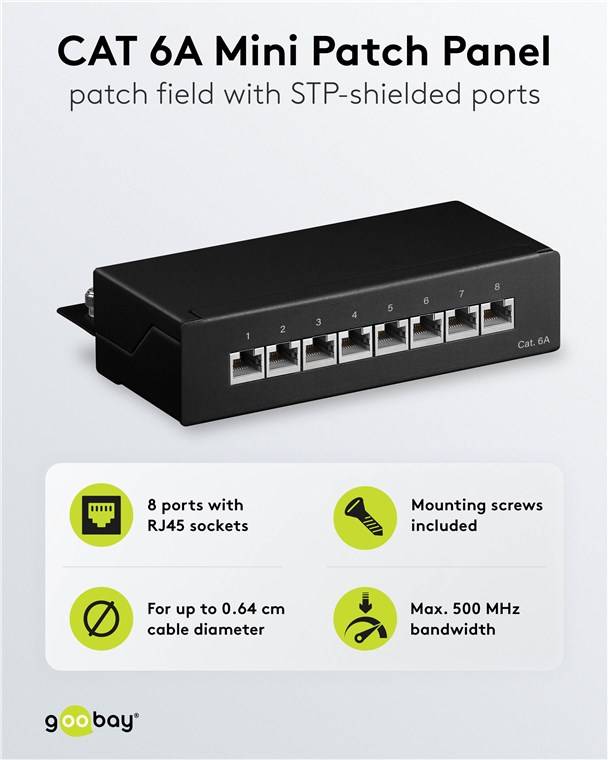 20x Goobay 62065 CAT 6a Mini Desktop-Patchpanel, 8 Port, (1 HE), Schwarz - STP geschirmt, schwarz