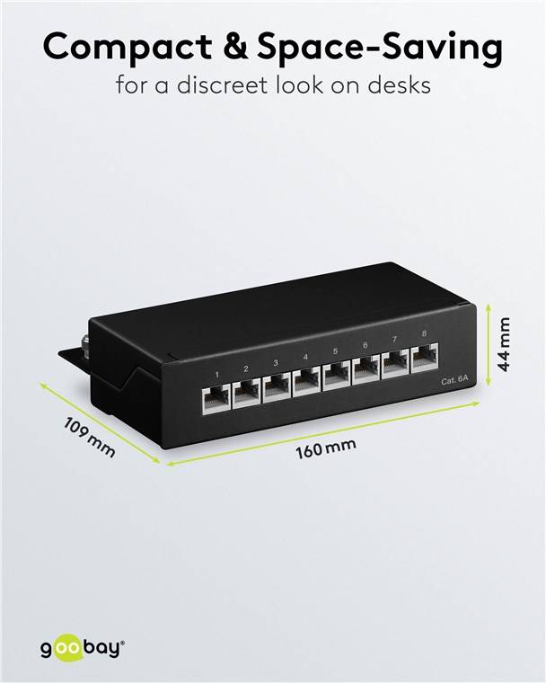 20x Goobay 62065 CAT 6a Mini Desktop-Patchpanel, 8 Port, (1 HE), Schwarz - STP geschirmt, schwarz