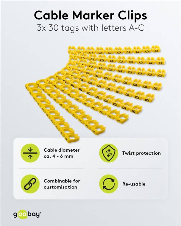 12x Goobay 72518 Kabelmarker-Clips ''Buchstaben A-C'', für Kabeldurchmesser von 5,6 - 7,4 mm, 6 mm - Kennzeichnungsringe 3x 30 Stück zum Markieren