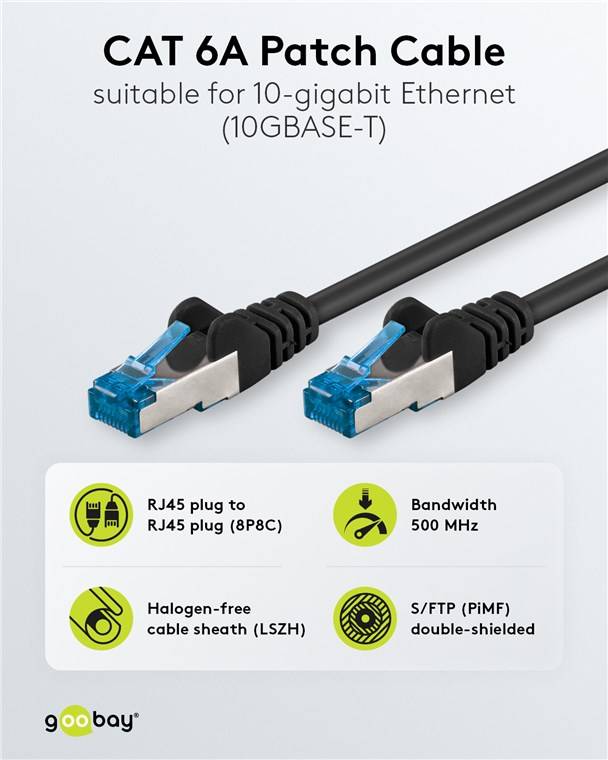 Goobay 67537 CAT 6A Patchkabel, S/FTP (PiMF), 1 m, schwarz, 5er-Set, 1 m - Kupferleiter (CU), halogenfreier Kabelmantel (LSZH)