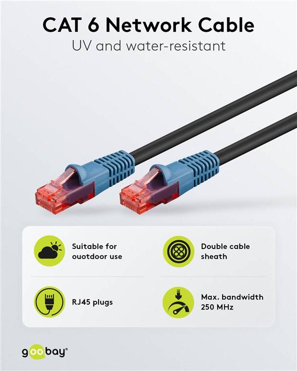 16x Goobay 94391 CAT 6 Outdoor-Patchkabel, U/UTP, schwarz, 15 m - Kupferkaschierter Aluminiumleiter (CCA), 2-fach Außenmantel (PE)