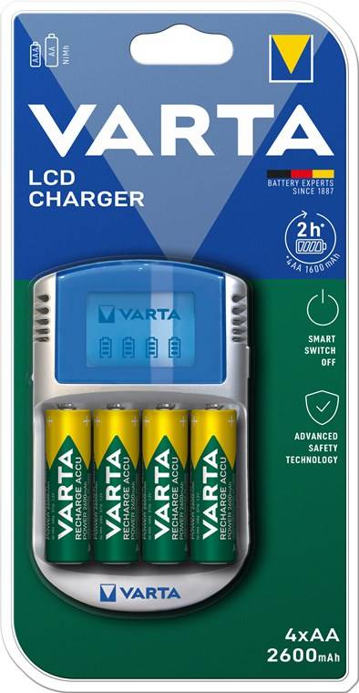 2x Varta 64758 Varta LCD Charger (Typ 57070) inkl. 4x AA 2600 mAh, Silber - lädt 2x oder 4x AA-Akkus oder AAA-Akkus (NiMH) simultan