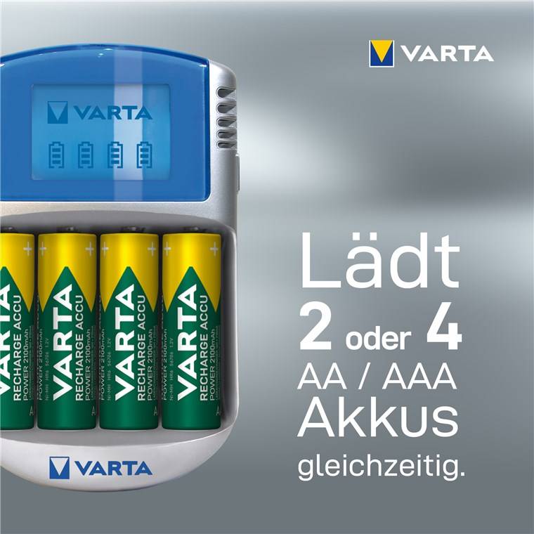 2x Varta 64758 Varta LCD Charger (Typ 57070) inkl. 4x AA 2600 mAh, Silber - lädt 2x oder 4x AA-Akkus oder AAA-Akkus (NiMH) simultan