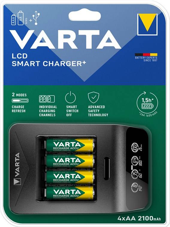 2x Varta 64757 Varta LCD Smart Charger+ (Typ 57684) inkl. 4x AA 2100 mAh, schwarz - lädt bis zu 4x AA-Akkus oder AAA-Akkus (NiMH) simultan
