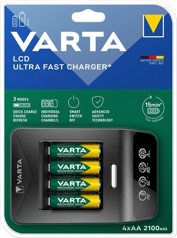 2x Varta 64756 Varta LCD Ultra Fast Charger+ (Typ 57685) inkl. 4x AA 2100 mAh, schwarz - lädt bis zu 4x AA-Akkus oder AAA-Akkus (NiMH) simultan