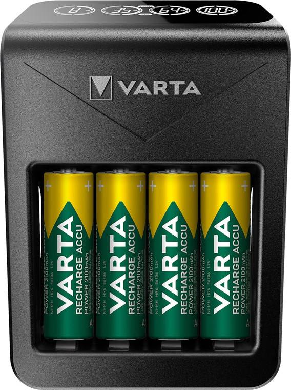 4x Varta 64761 Varta LCD Plug Charger+ (Typ 57687) inkl. 4x AA 2100 mAh, schwarz - lädt 1x 9-V-Akku oder bis zu 4x AA-Akkus oder AAA-Akkus (NiMH)
