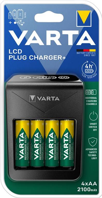 4x Varta 64761 Varta LCD Plug Charger+ (Typ 57687) inkl. 4x AA 2100 mAh, schwarz - lädt 1x 9-V-Akku oder bis zu 4x AA-Akkus oder AAA-Akkus (NiMH)