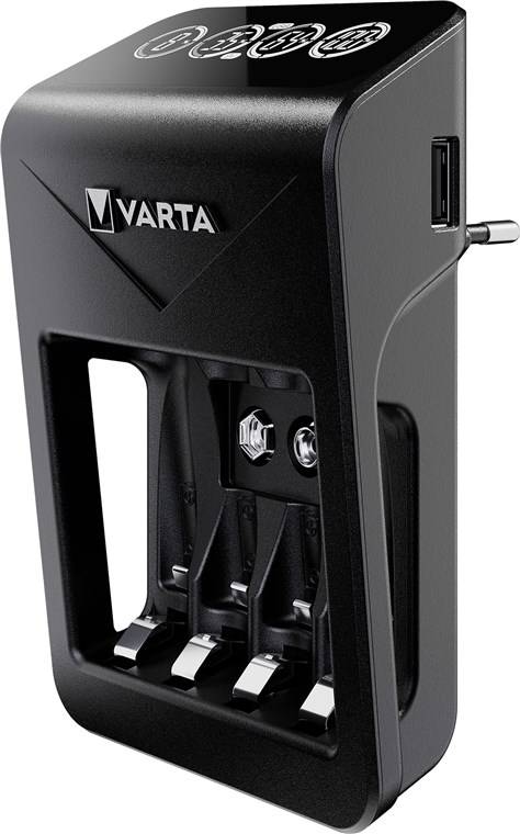 4x Varta 64761 Varta LCD Plug Charger+ (Typ 57687) inkl. 4x AA 2100 mAh, schwarz - lädt 1x 9-V-Akku oder bis zu 4x AA-Akkus oder AAA-Akkus (NiMH)