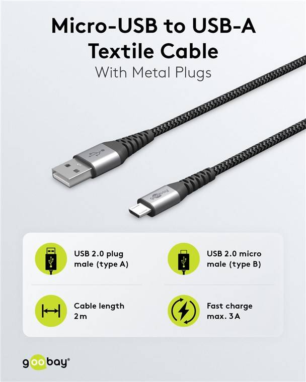 60x Goobay 49283 Micro-USB-auf-USB-A-Textilkabel mit Metallsteckern (spacegrau/silber), 2 m, 2 m, Schwarz-Grau - elegantes und extra-robustes