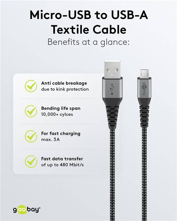 60x Goobay 49283 Micro-USB-auf-USB-A-Textilkabel mit Metallsteckern (spacegrau/silber), 2 m, 2 m, Schwarz-Grau - elegantes und extra-robustes