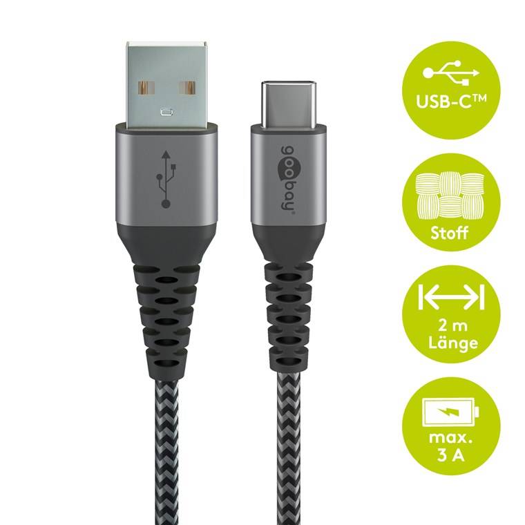 60x Goobay 49297 USB-C™ auf USB-A Textilkabel mit Metallsteckern (spacegrau/silber), 2 m, 2 m, Schwarz-Grau - elegantes und extra-robustes Verbindun