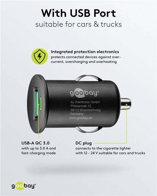 150x Goobay 45162 Quick Charge USB-Auto-Schnellladegerät (18 W), Schwarz - Kfz-Ladeadapter mit Quick Charge 3.0 (18 W), schwarz