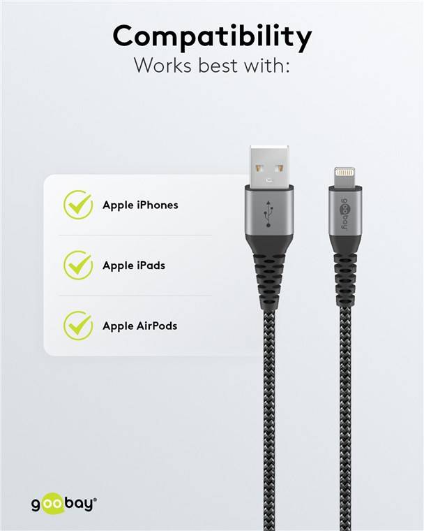 60x Goobay 49269 Lightning USB-A Textilkabel mit Metallsteckern, 2 m, 2 m, Schwarz-Grau - elegantes und extrarobustes, MFi-zertifiziertes Lade- und