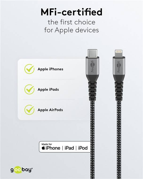 100x Goobay 49271 Lightning USB-C™ Textilkabel mit Metallsteckern, 1 m, 1 m, Schwarz-Grau - elegantes und extrarobustes, MFi-zertifiziertes Lade- un