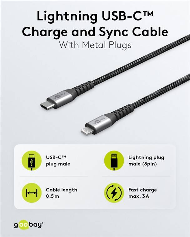 100x Goobay 49271 Lightning USB-C™ Textilkabel mit Metallsteckern, 1 m, 1 m, Schwarz-Grau - elegantes und extrarobustes, MFi-zertifiziertes Lade- un